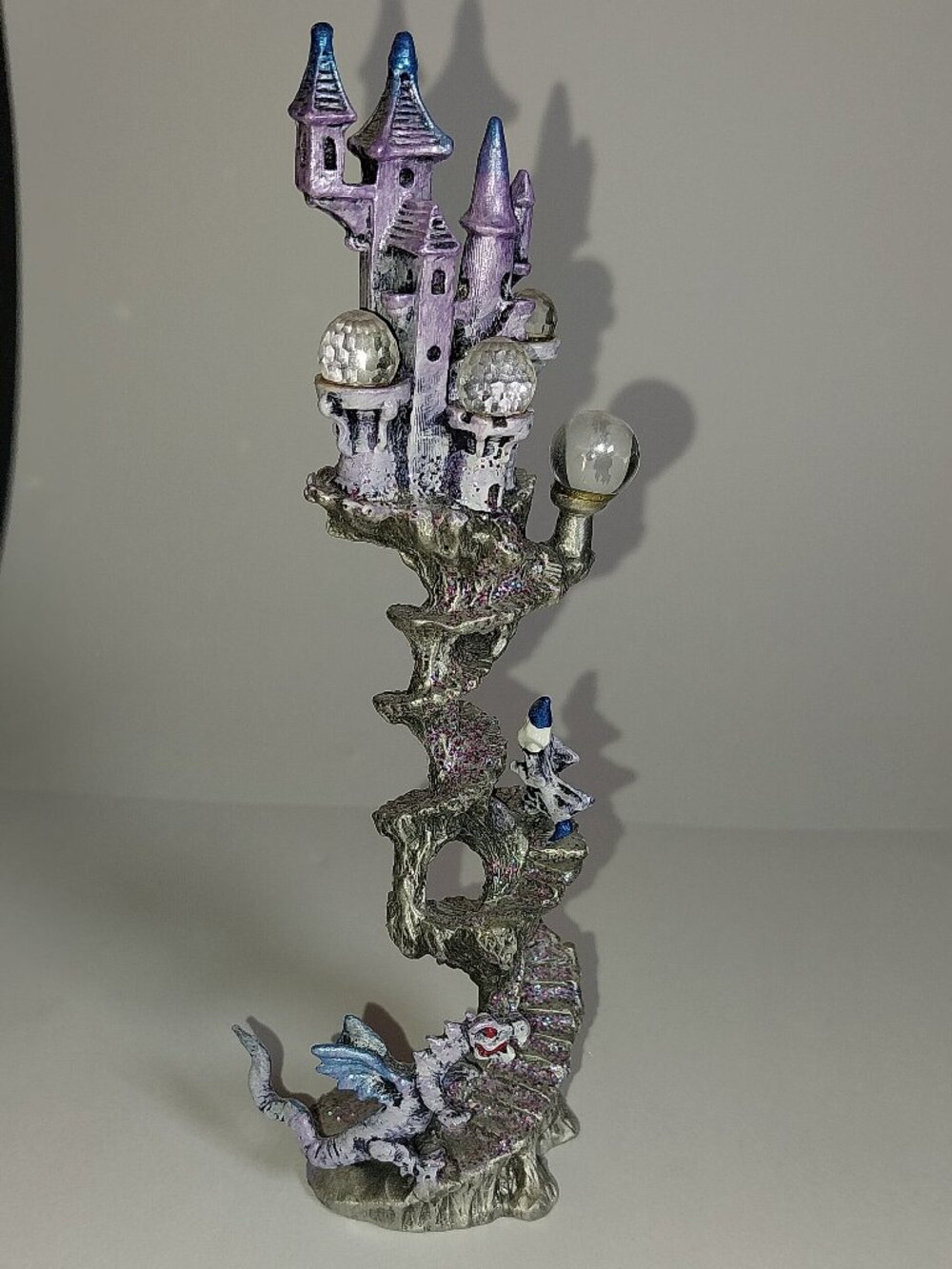 Pewter Fantasy Dragon Figurine with Castle Tower Blue/Purple